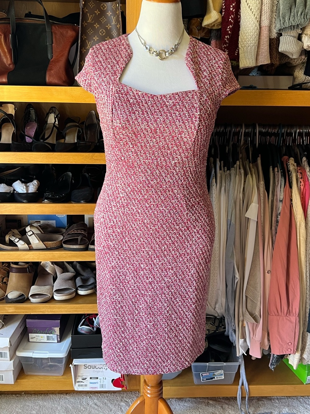 GRACE KARIN Pink Tweed Sheath Midi Dress EUC